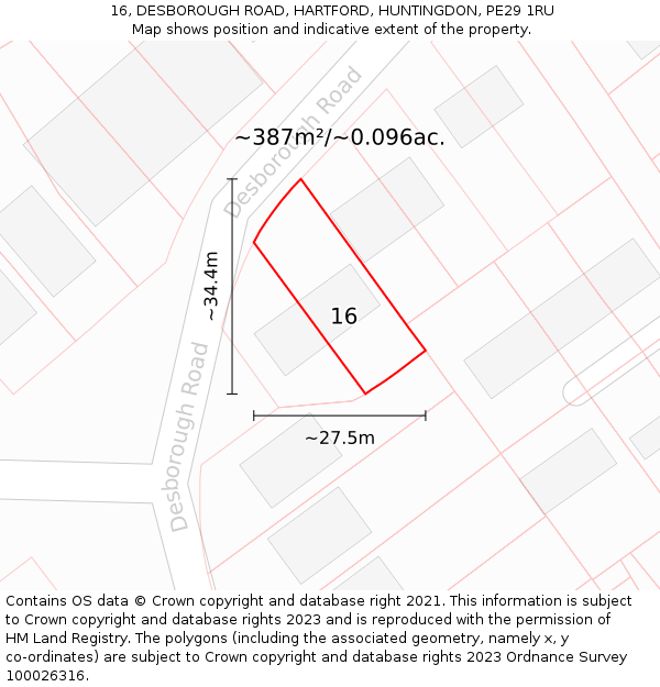 16, DESBOROUGH ROAD, HARTFORD, HUNTINGDON, PE29 1RU: Plot and title map