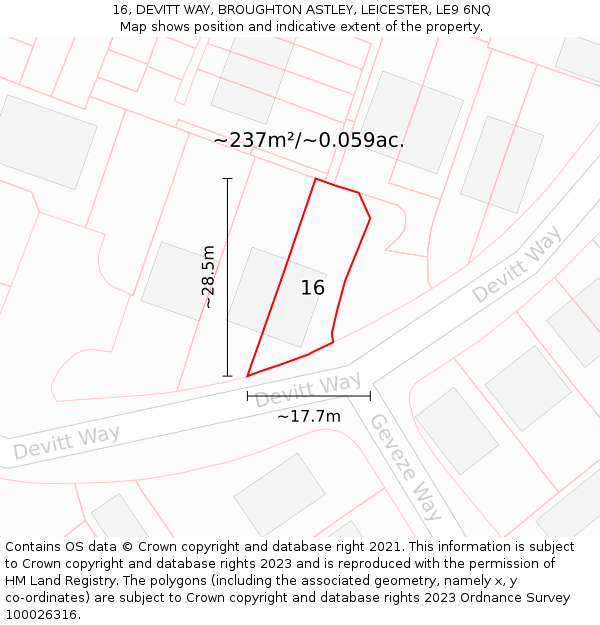 16, DEVITT WAY, BROUGHTON ASTLEY, LEICESTER, LE9 6NQ: Plot and title map