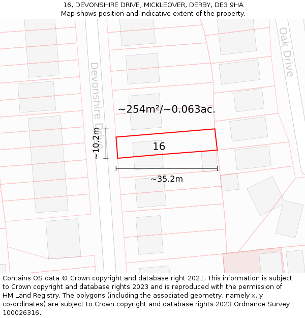 16, DEVONSHIRE DRIVE, MICKLEOVER, DERBY, DE3 9HA: Plot and title map