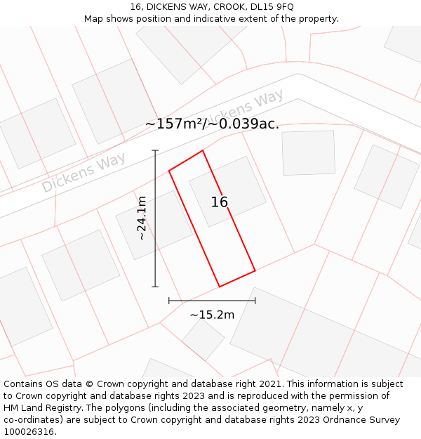 16, DICKENS WAY, CROOK, DL15 9FQ: Plot and title map