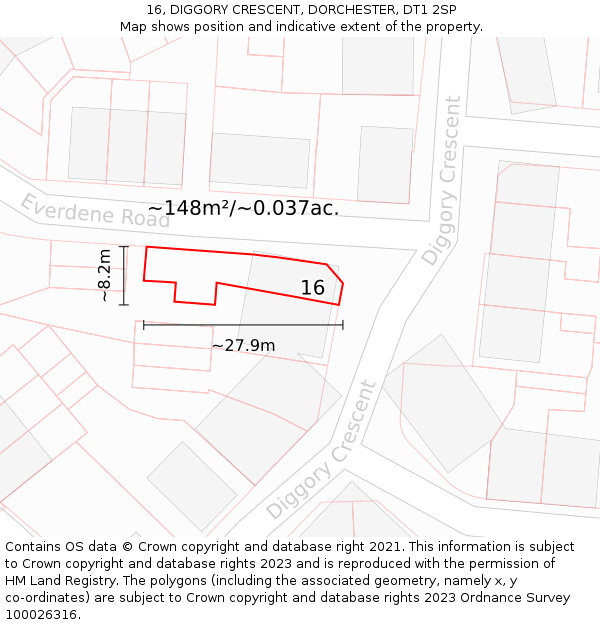 16, DIGGORY CRESCENT, DORCHESTER, DT1 2SP: Plot and title map