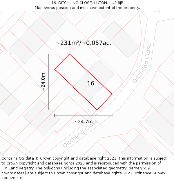 16, DITCHLING CLOSE, LUTON, LU2 8JR: Plot and title map