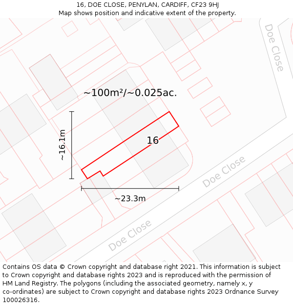 16, DOE CLOSE, PENYLAN, CARDIFF, CF23 9HJ: Plot and title map