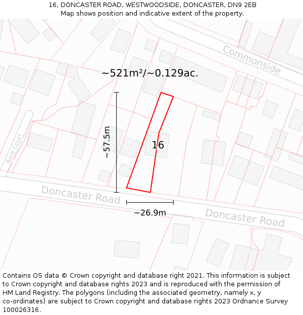 16, DONCASTER ROAD, WESTWOODSIDE, DONCASTER, DN9 2EB: Plot and title map