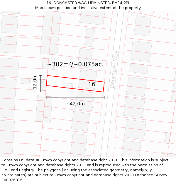 16, DONCASTER WAY, UPMINSTER, RM14 2PL: Plot and title map