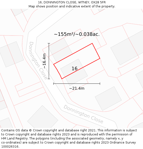 16, DONNINGTON CLOSE, WITNEY, OX28 5FR: Plot and title map