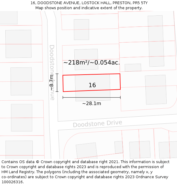 16, DOODSTONE AVENUE, LOSTOCK HALL, PRESTON, PR5 5TY: Plot and title map
