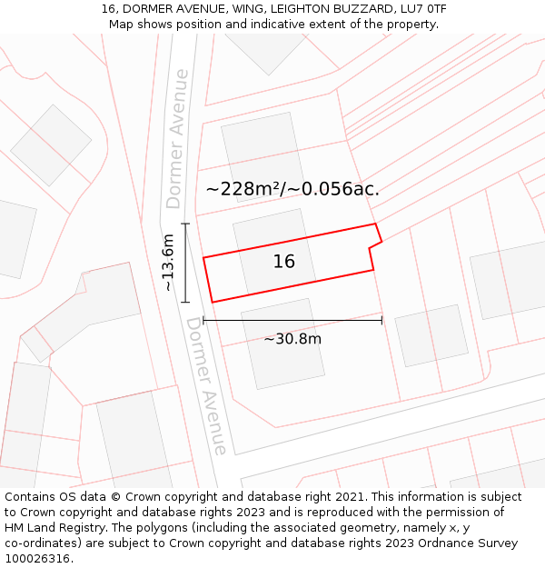16, DORMER AVENUE, WING, LEIGHTON BUZZARD, LU7 0TF: Plot and title map