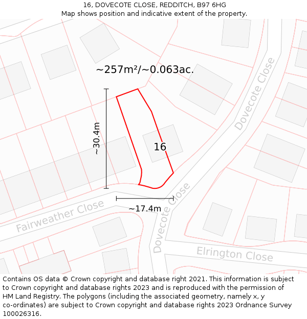 16, DOVECOTE CLOSE, REDDITCH, B97 6HG: Plot and title map