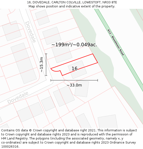 16, DOVEDALE, CARLTON COLVILLE, LOWESTOFT, NR33 8TE: Plot and title map