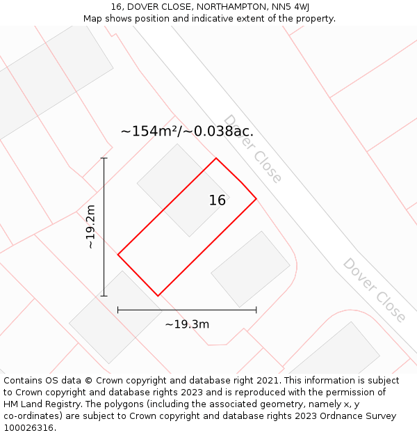16, DOVER CLOSE, NORTHAMPTON, NN5 4WJ: Plot and title map