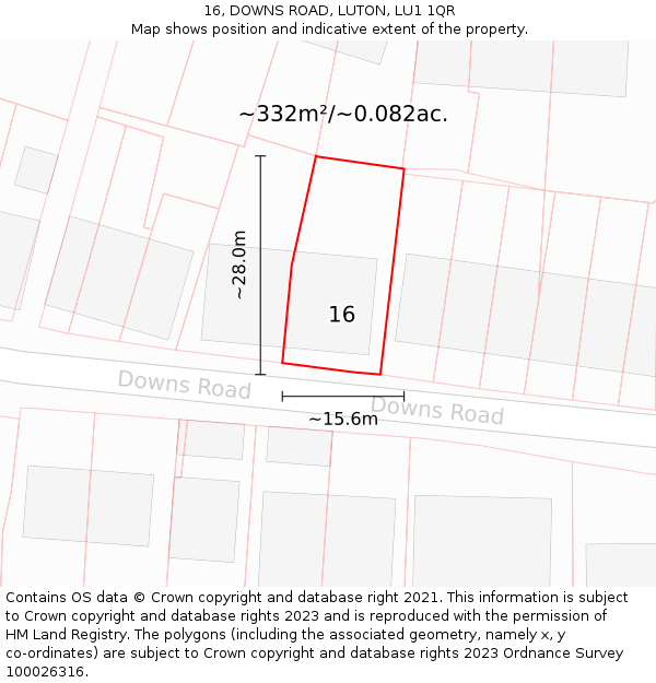 16, DOWNS ROAD, LUTON, LU1 1QR: Plot and title map