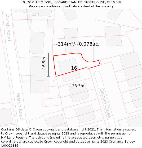 16, DOZULE CLOSE, LEONARD STANLEY, STONEHOUSE, GL10 3NL: Plot and title map