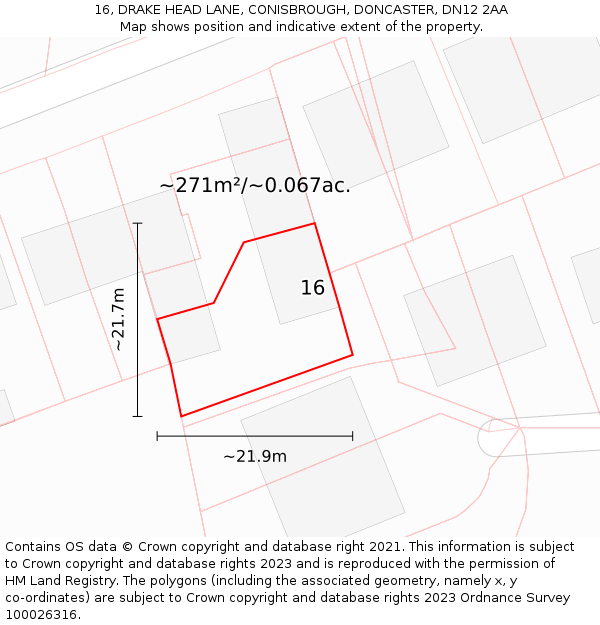 16, DRAKE HEAD LANE, CONISBROUGH, DONCASTER, DN12 2AA: Plot and title map