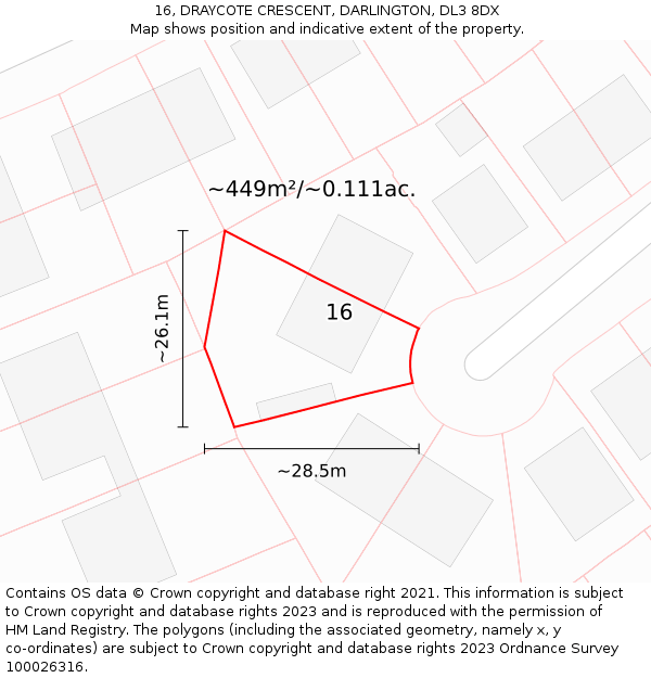 16, DRAYCOTE CRESCENT, DARLINGTON, DL3 8DX: Plot and title map