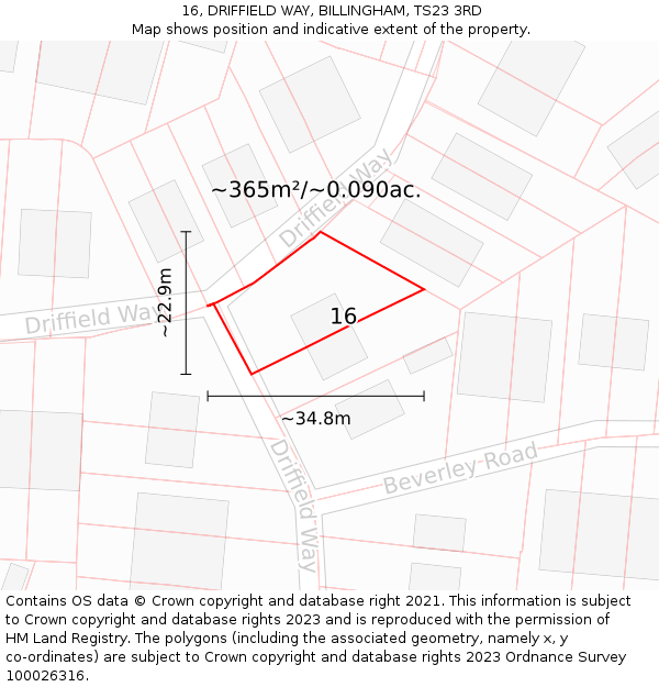16, DRIFFIELD WAY, BILLINGHAM, TS23 3RD: Plot and title map