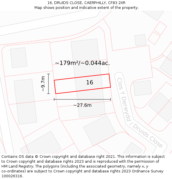 16, DRUIDS CLOSE, CAERPHILLY, CF83 2XR: Plot and title map