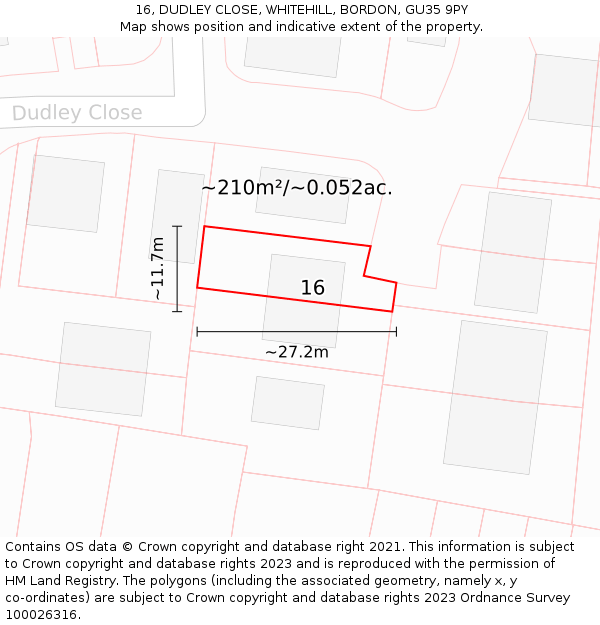 16, DUDLEY CLOSE, WHITEHILL, BORDON, GU35 9PY: Plot and title map