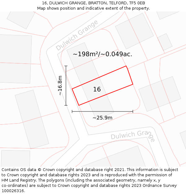 16, DULWICH GRANGE, BRATTON, TELFORD, TF5 0EB: Plot and title map