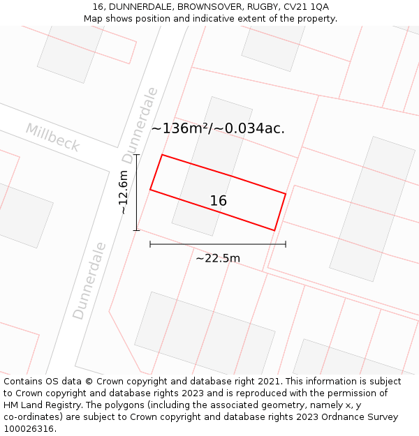 16, DUNNERDALE, BROWNSOVER, RUGBY, CV21 1QA: Plot and title map