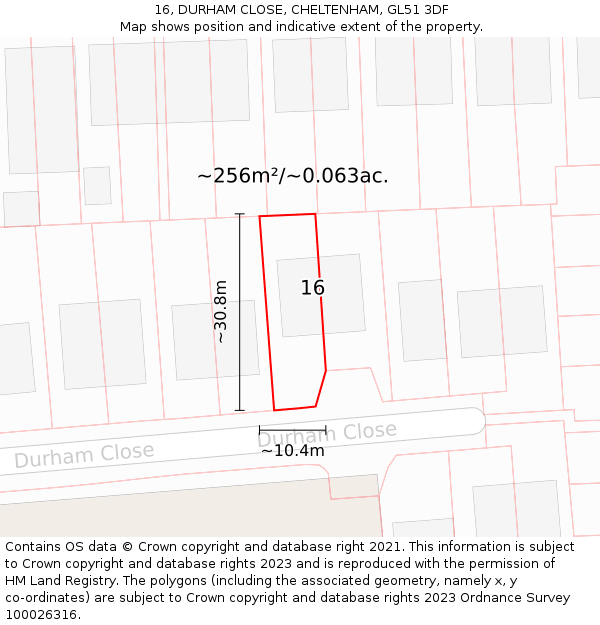 16, DURHAM CLOSE, CHELTENHAM, GL51 3DF: Plot and title map