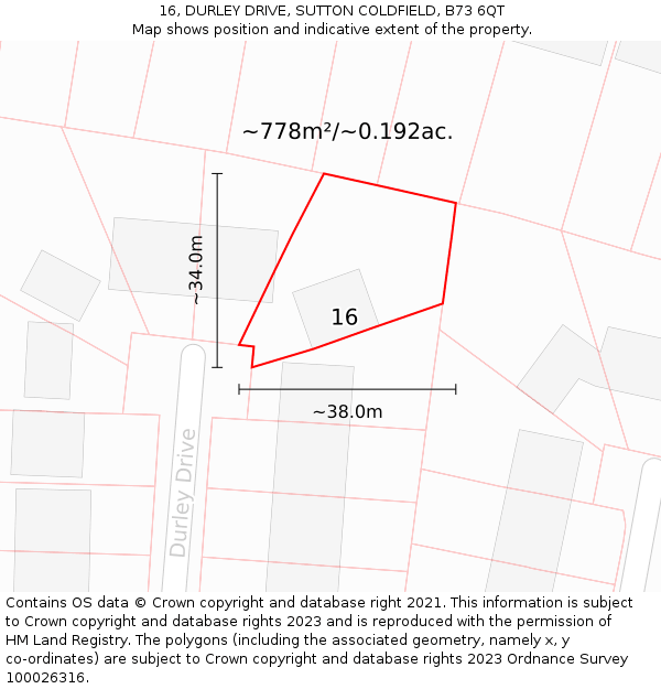 16, DURLEY DRIVE, SUTTON COLDFIELD, B73 6QT: Plot and title map