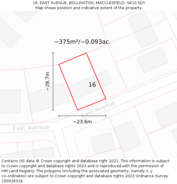 16, EAST AVENUE, BOLLINGTON, MACCLESFIELD, SK10 5DY: Plot and title map