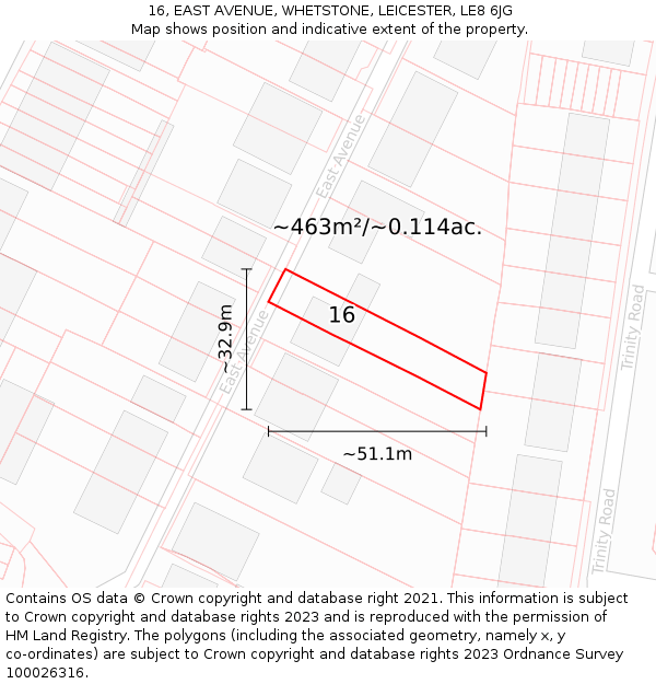 16, EAST AVENUE, WHETSTONE, LEICESTER, LE8 6JG: Plot and title map