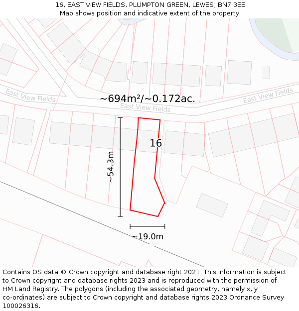 16, EAST VIEW FIELDS, PLUMPTON GREEN, LEWES, BN7 3EE: Plot and title map