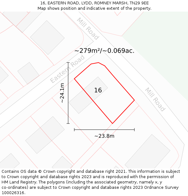 16, EASTERN ROAD, LYDD, ROMNEY MARSH, TN29 9EE: Plot and title map