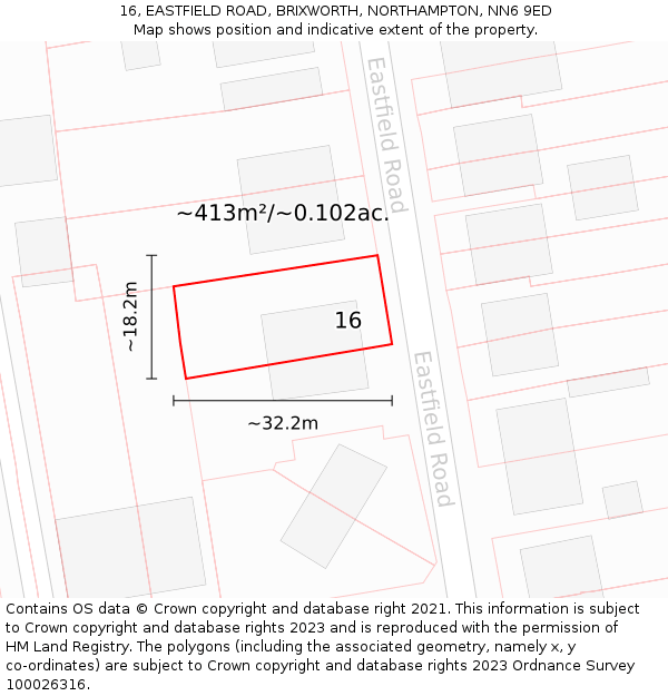 16, EASTFIELD ROAD, BRIXWORTH, NORTHAMPTON, NN6 9ED: Plot and title map