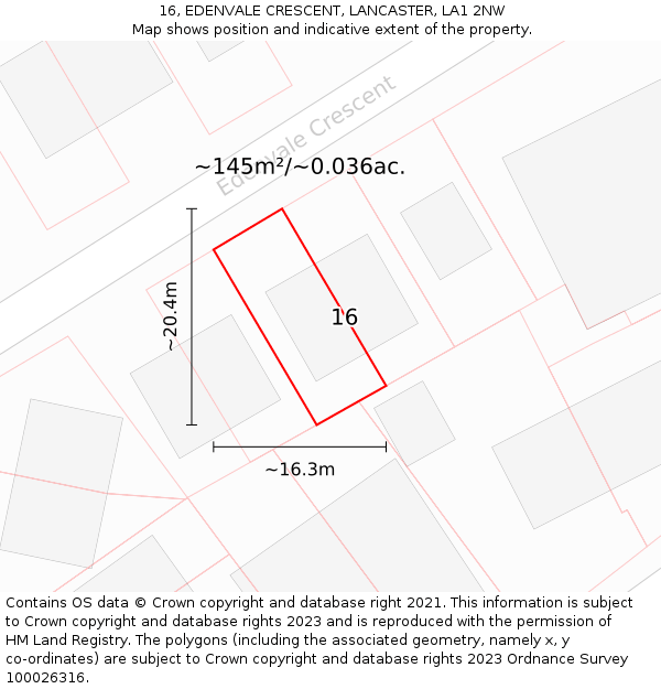 16, EDENVALE CRESCENT, LANCASTER, LA1 2NW: Plot and title map