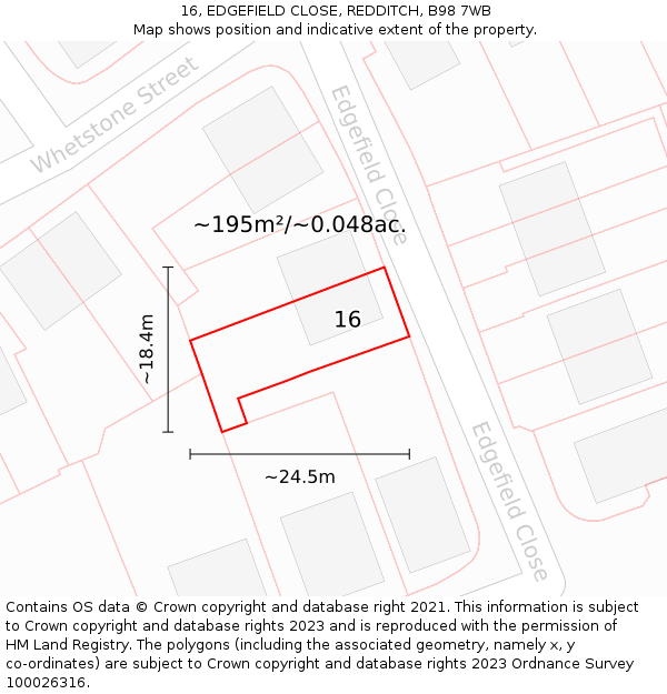 16, EDGEFIELD CLOSE, REDDITCH, B98 7WB: Plot and title map