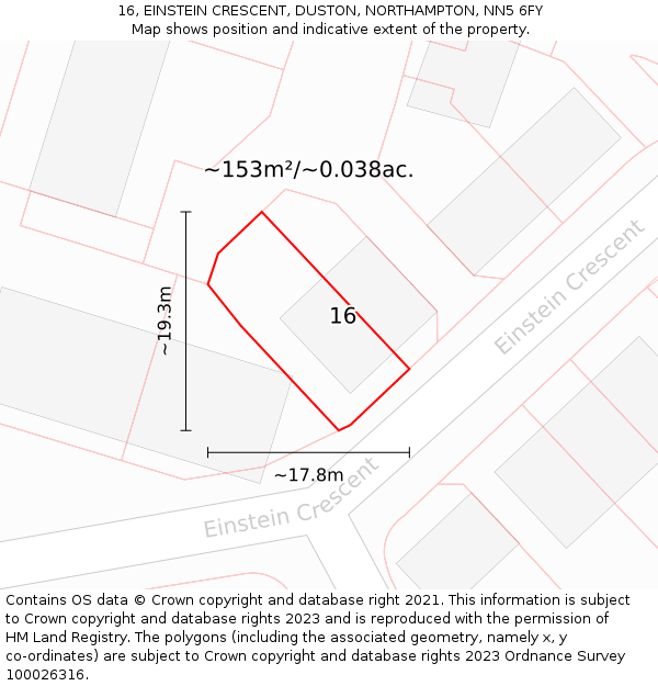 16, EINSTEIN CRESCENT, DUSTON, NORTHAMPTON, NN5 6FY: Plot and title map