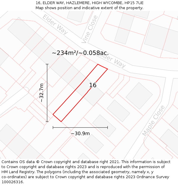 16, ELDER WAY, HAZLEMERE, HIGH WYCOMBE, HP15 7UE: Plot and title map