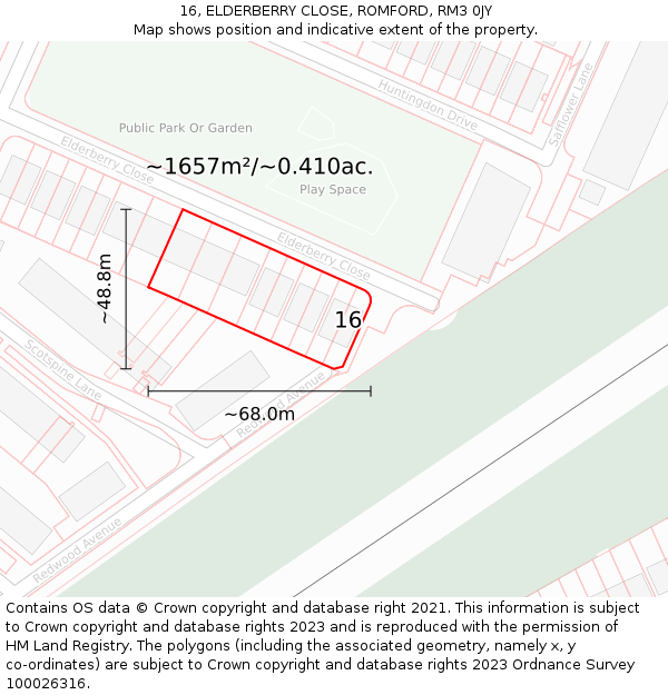 16, ELDERBERRY CLOSE, ROMFORD, RM3 0JY: Plot and title map