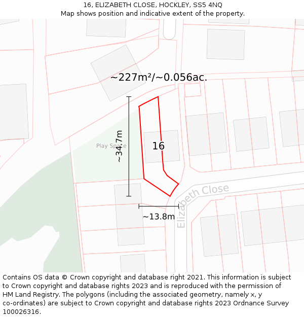 16, ELIZABETH CLOSE, HOCKLEY, SS5 4NQ: Plot and title map