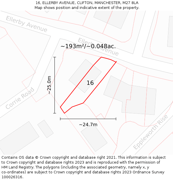 16, ELLERBY AVENUE, CLIFTON, MANCHESTER, M27 8LA: Plot and title map