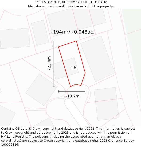 16, ELM AVENUE, BURSTWICK, HULL, HU12 9HX: Plot and title map