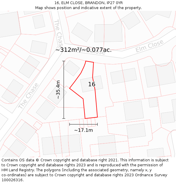 16, ELM CLOSE, BRANDON, IP27 0YR: Plot and title map