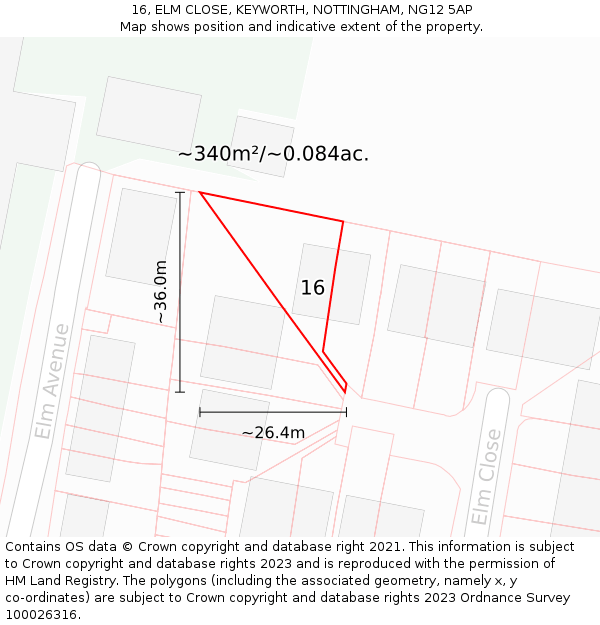 16, ELM CLOSE, KEYWORTH, NOTTINGHAM, NG12 5AP: Plot and title map