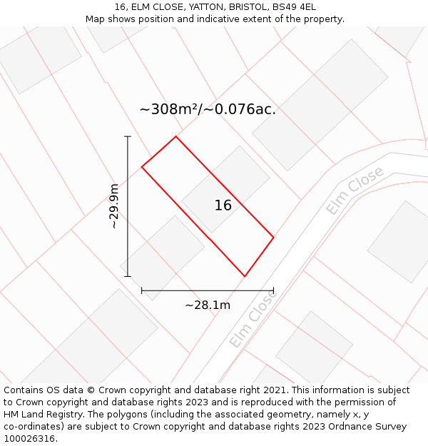 16, ELM CLOSE, YATTON, BRISTOL, BS49 4EL: Plot and title map