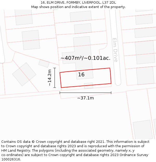 16, ELM DRIVE, FORMBY, LIVERPOOL, L37 2DL: Plot and title map