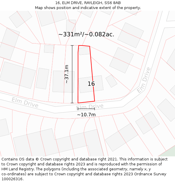 16, ELM DRIVE, RAYLEIGH, SS6 8AB: Plot and title map