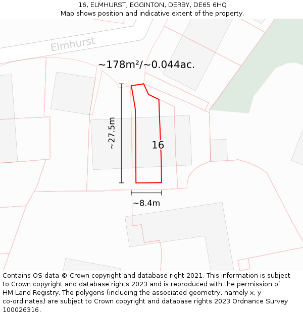 16, ELMHURST, EGGINTON, DERBY, DE65 6HQ: Plot and title map