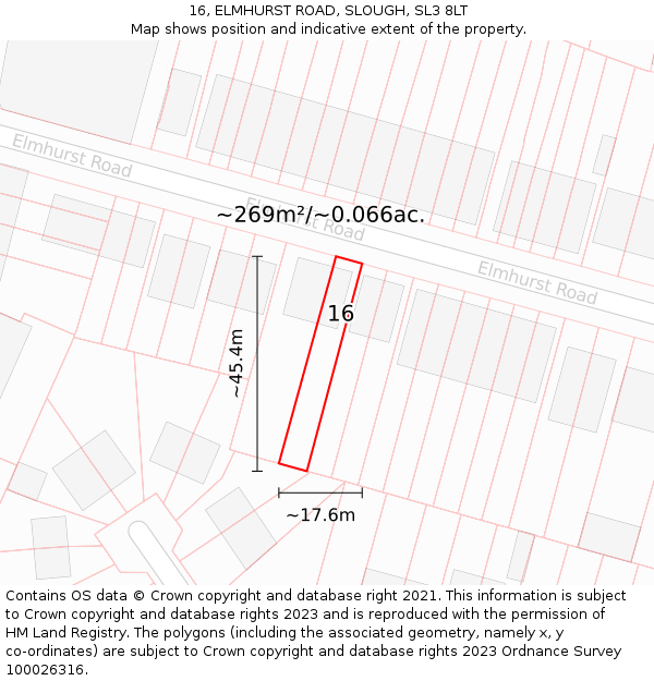 16, ELMHURST ROAD, SLOUGH, SL3 8LT: Plot and title map