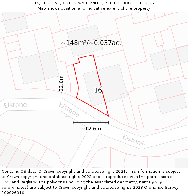 16, ELSTONE, ORTON WATERVILLE, PETERBOROUGH, PE2 5JY: Plot and title map