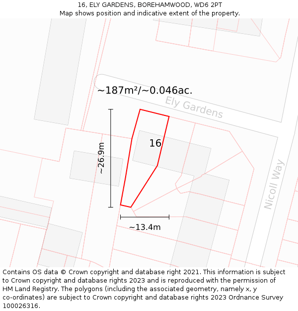 16, ELY GARDENS, BOREHAMWOOD, WD6 2PT: Plot and title map