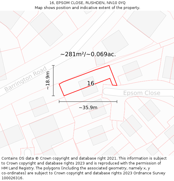 16, EPSOM CLOSE, RUSHDEN, NN10 0YQ: Plot and title map