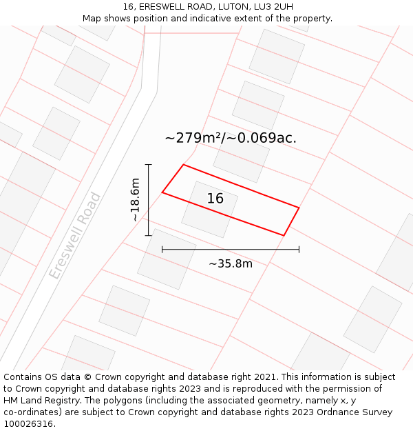 16, ERESWELL ROAD, LUTON, LU3 2UH: Plot and title map
